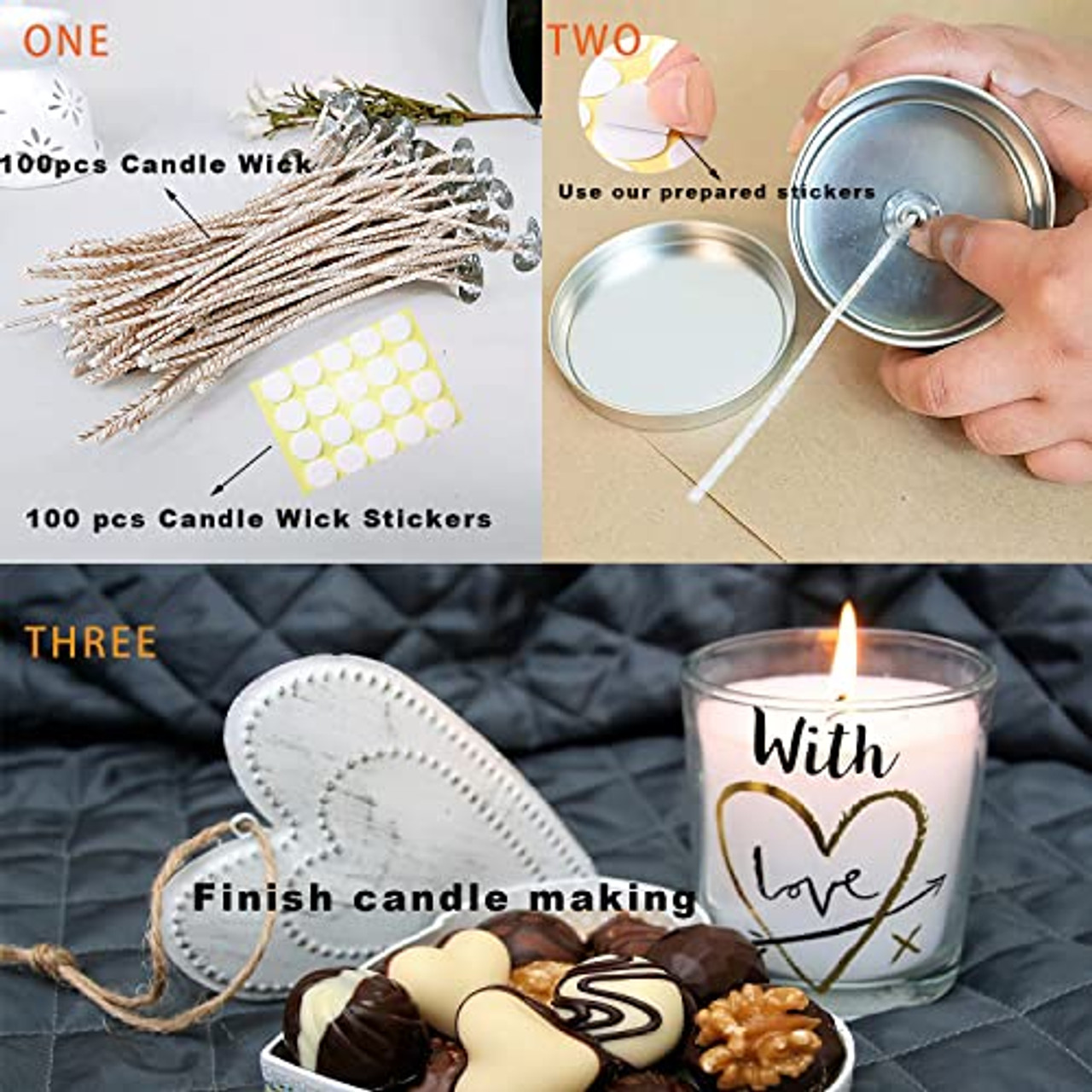 100 pcs ECO Wicks for Soy Candles, 6 inches Cotton Candle Wicks with Base,  Low Smoke