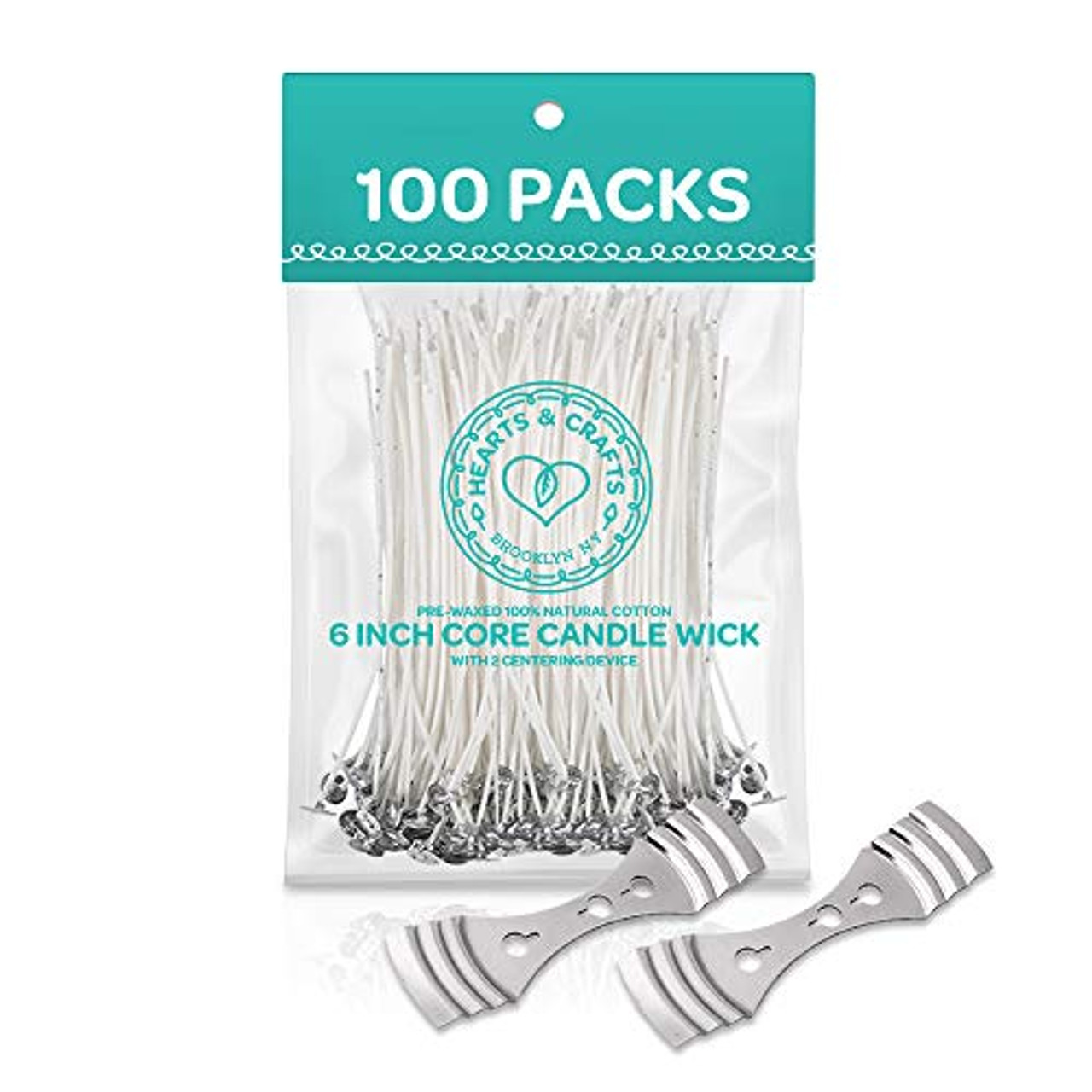 Hearts & Crafts Candle Wicks - 100% Natural Cotton, Pre-Waxed, Low Smoke 6 inch Wicks for DIY Candle Making, 100 Wicks Plus 2 Centering Devices