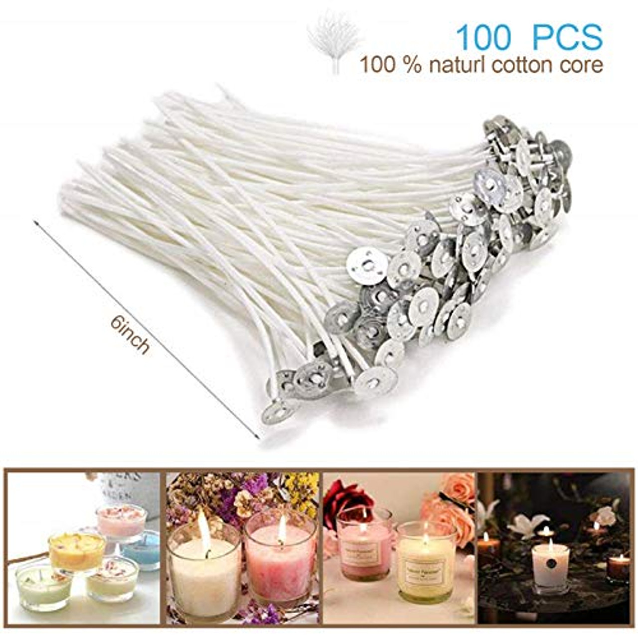 100 pcs ECO Wicks for Soy Candles, 6 inches Cotton Candle Wicks with Base,  Low Smoke, No Peculiar Smell with 100PCS Candle Wick Stickers, for Soy Wax.