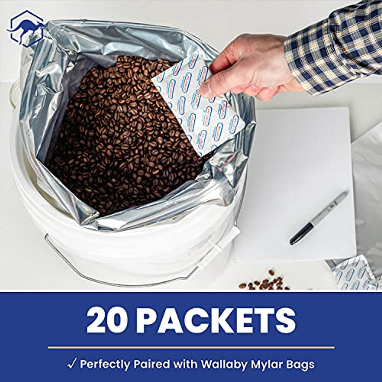 Wallaby 15X 5 Gallon Wallaby Mylar Bag Bundle - Silver (5 mil) with 20 Single Sealed Oxygen Absorbers & Labels - Resealable Zipper, FDA