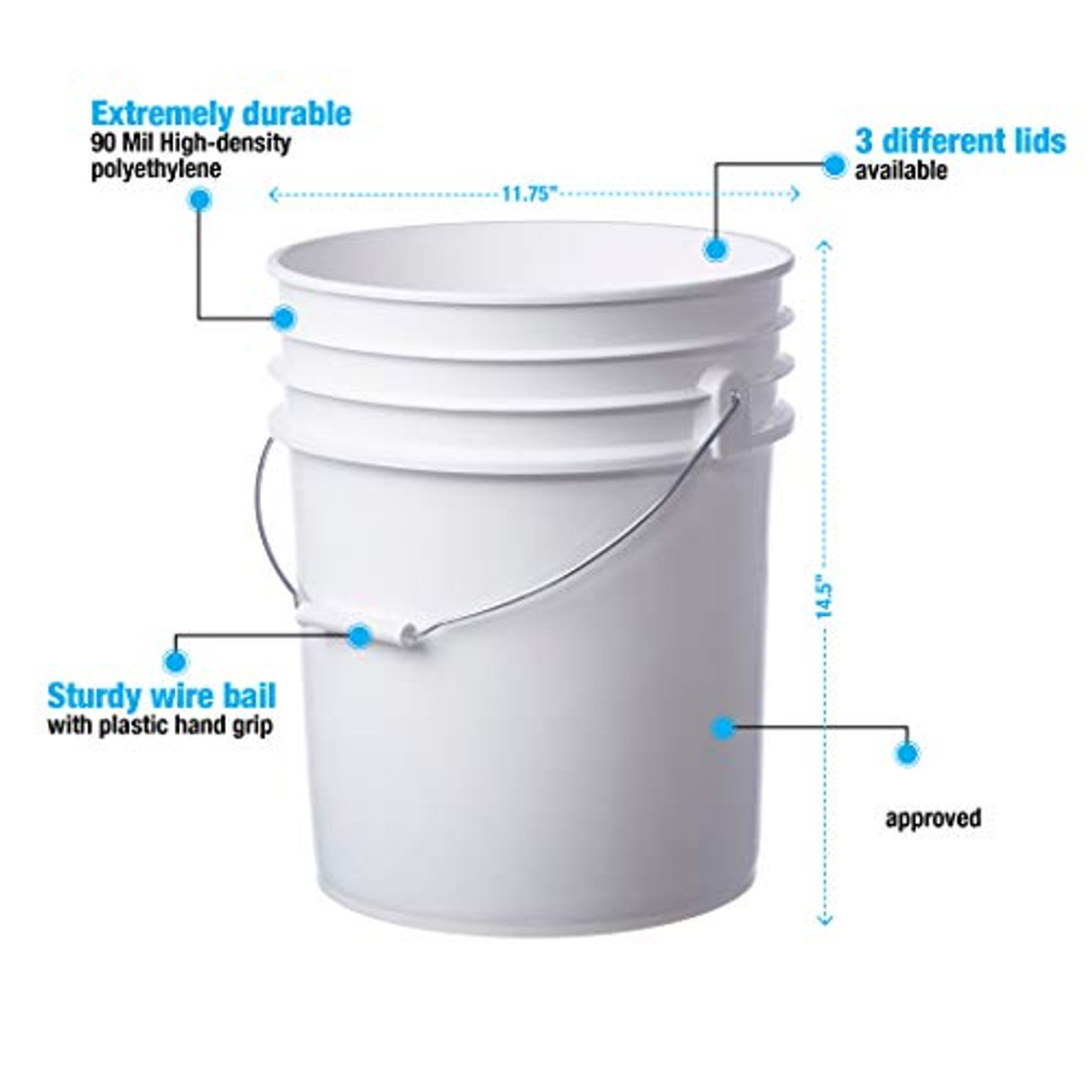5 Gallon Square Plastic Buckets (White) w/ Wire Bale Handle & Grip