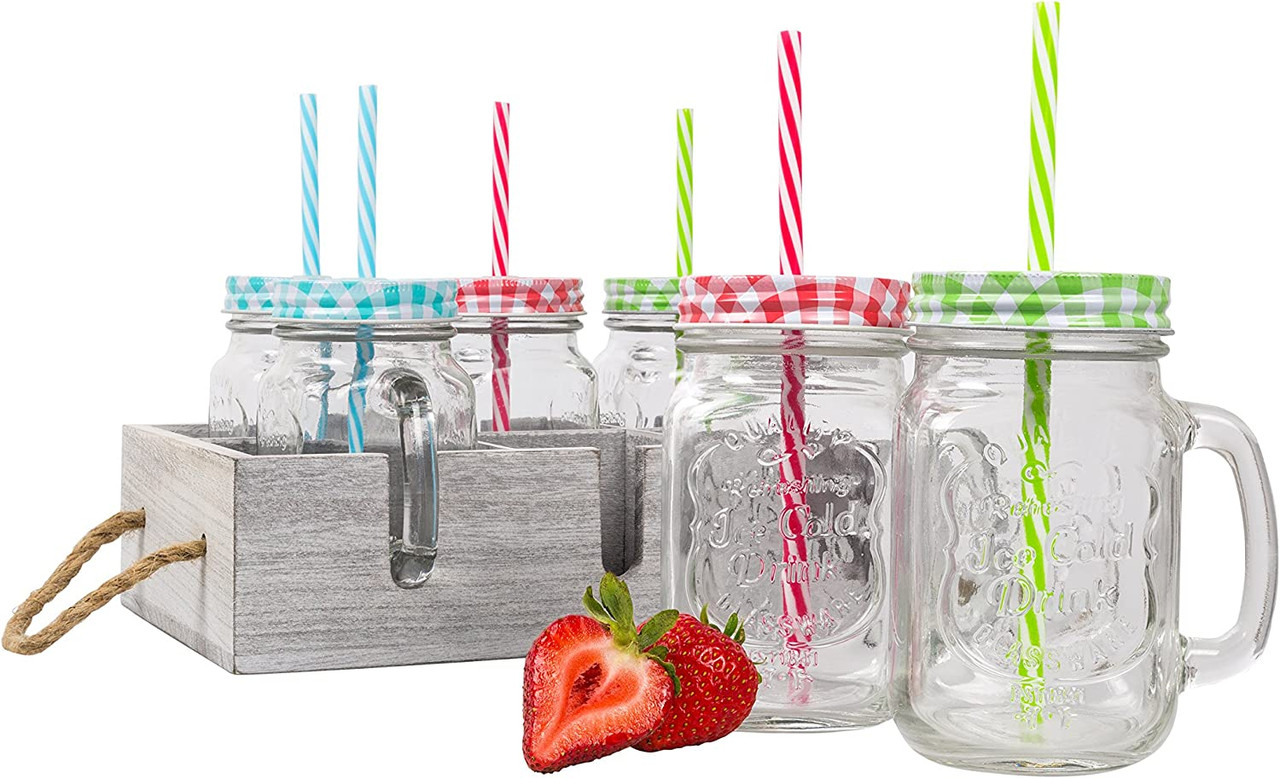 Mason Jar Mugs with Handles & Lids Straws Glasses Drinking Jars