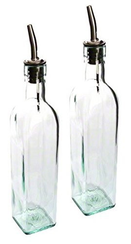 16 Oz. (Ounce) (Set of 2) Oil Vinegar Cruet, Square Tall Glass Bottle w/Stainless Steel Pourer Spout