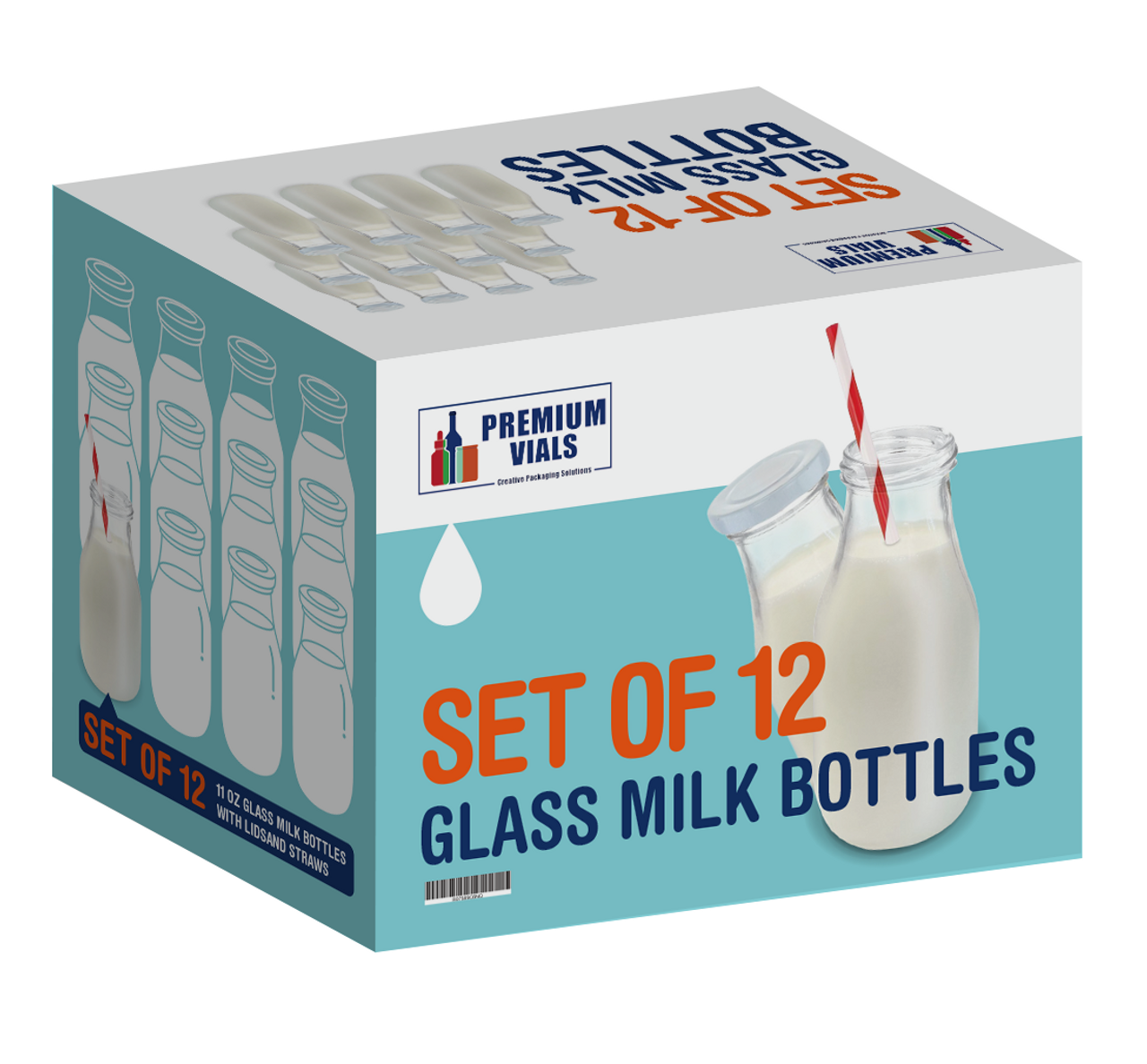 11 oz Glass Milk Bottle Set of 12 - Includes Reusable White Lids