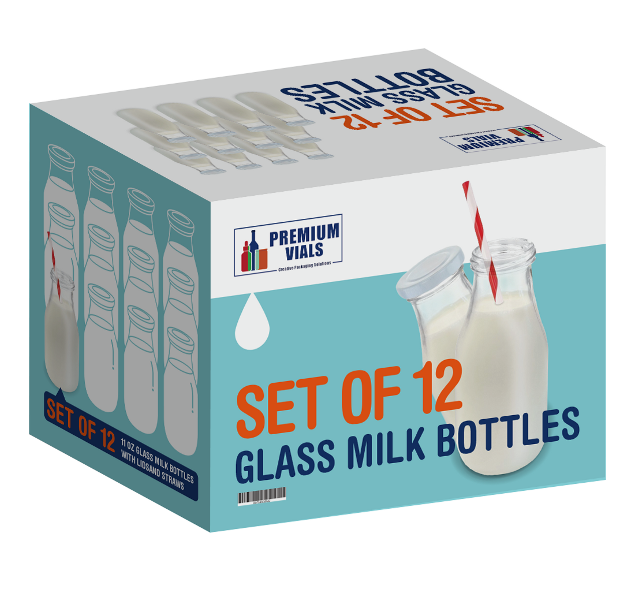 11 oz Glass Milk Bottle Set of 12 - Includes Reusable White Lids and Straws