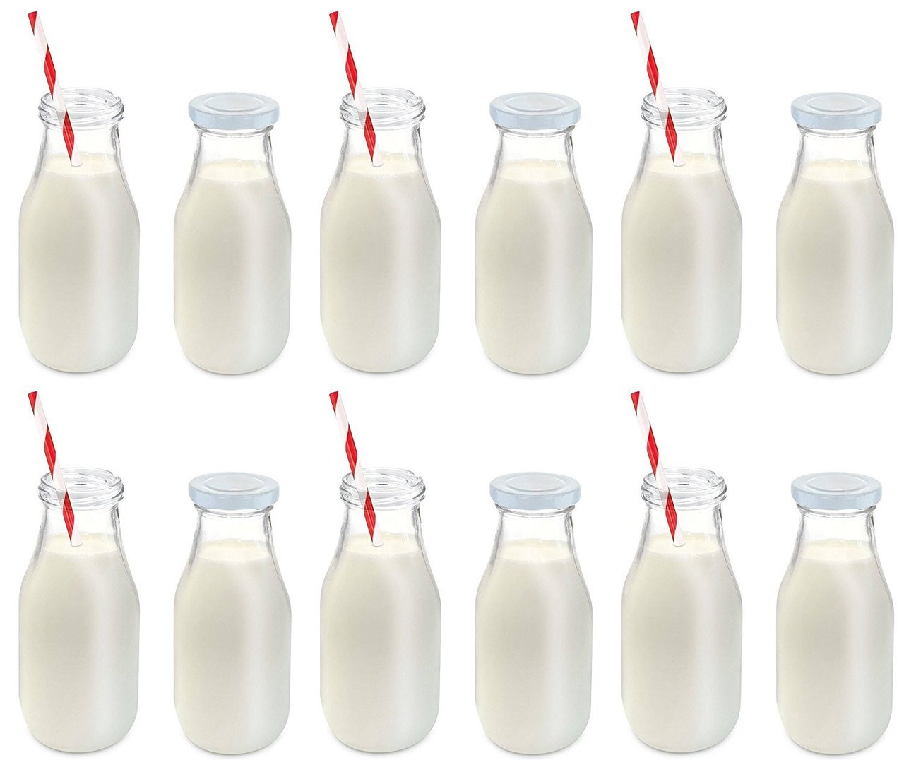 11 oz Glass Milk Bottle Set of 12 - Includes Reusable White Lids and Straws