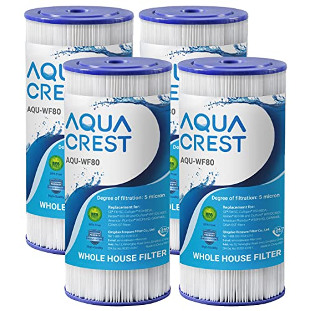 AQUACREST FXHSC Whole House Water Filter, Replacement for GE FXHSC,  GXWH40L, GXWH35F, American Plumber W50PEHD, W10-PR, Culligan R50-BBSA, 5  Micron, 10 x 4.5, High Flow Sediment Filters, Pack of 4
