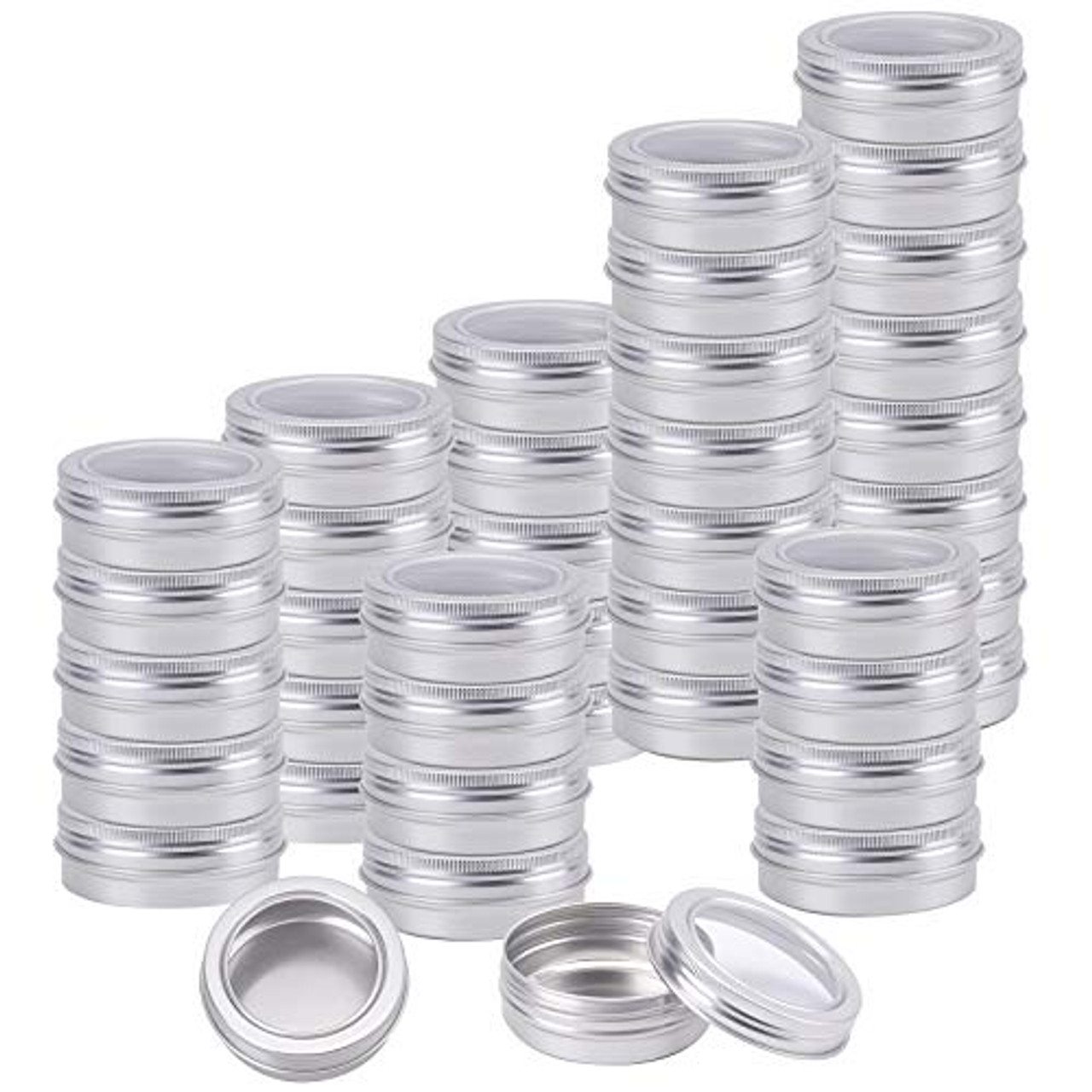 Foraineam 40 Pack 2 Ounce Round Tin Cans Metal Empty Tins Silver Aluminum  Kitchen Office Travel Storage Containers with Clear Screw Top Lids