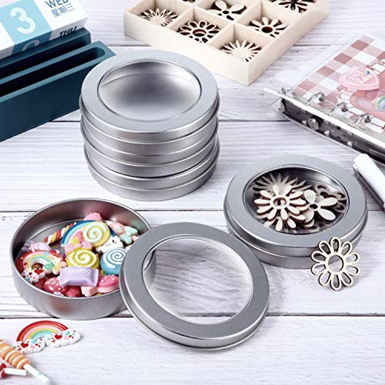 4 oz Metal Tin Cans Round Tin Containers Empty Tin Cans with Clear Top for Kitchen Office Candles Candies and Gifts Holding (24 Pieces)