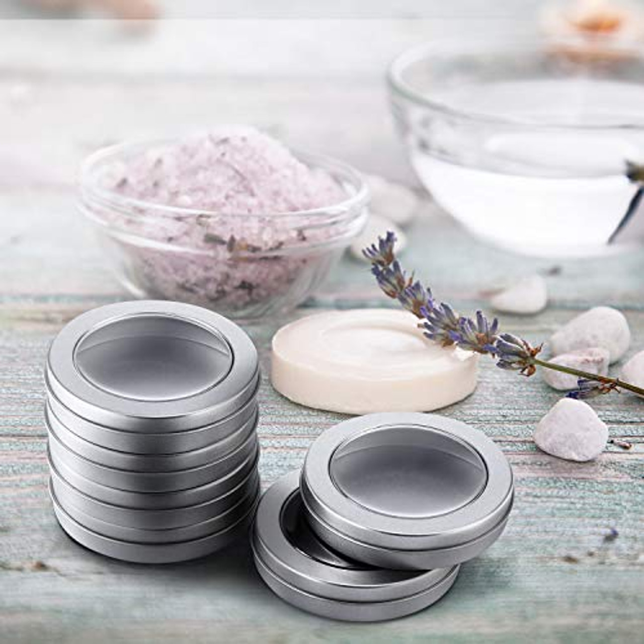 ZOENHOU 64 Pack 2 Ounce Metal Tin Cans, Clear Top Lid Round Empty Container  Tin Cans, Refillable Spice Candle Tins for Gift Giving, Candle Making, Lip  Balm