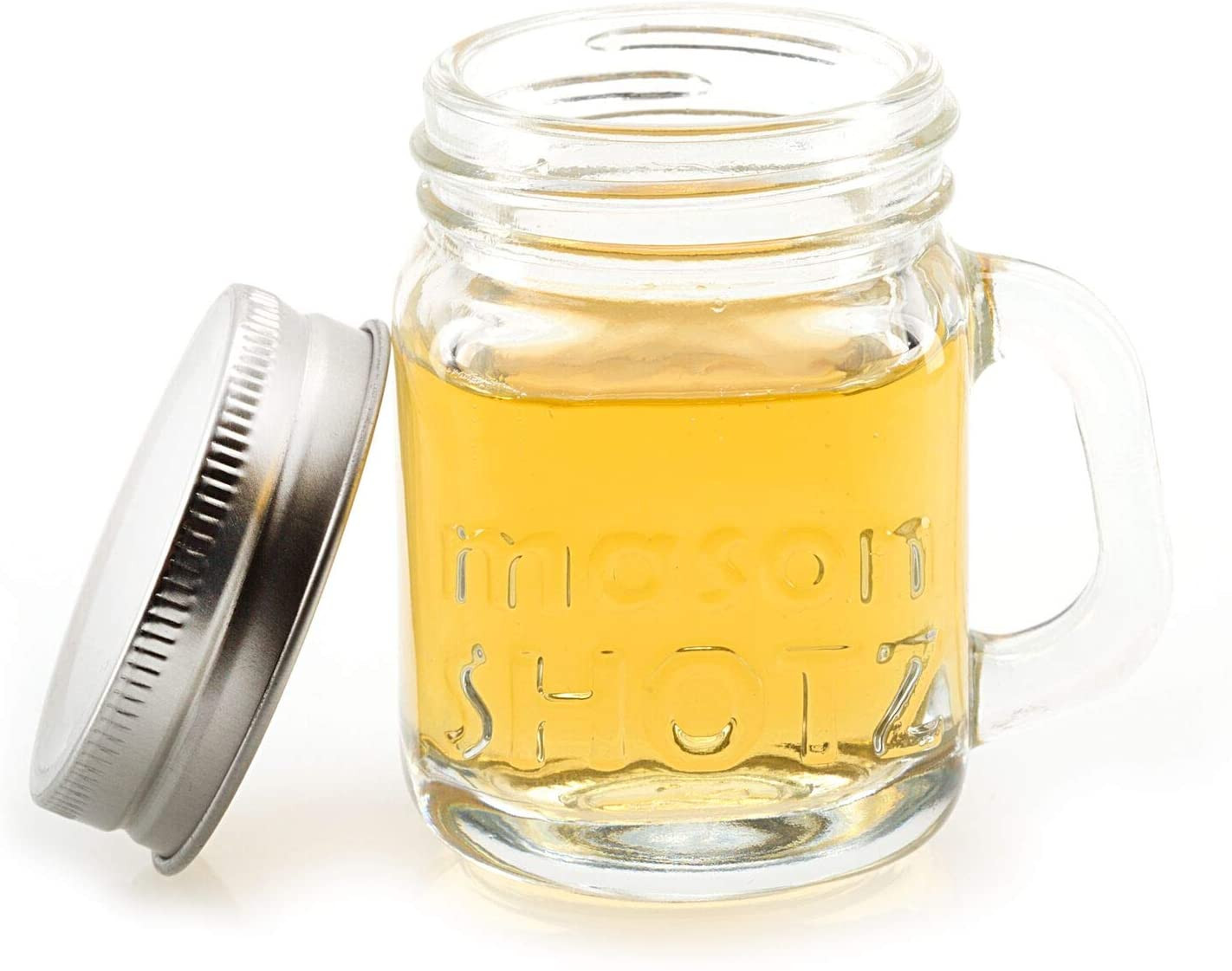 2 oz, Mason Jar Shot Glasses with Handles and Silver Lids (Set of 8
