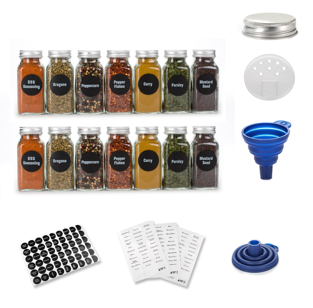 Premium Vials, 4oz, BEST VALUE 14 Glass Spice Jars includes preprinted Spice Labels. 14 Square