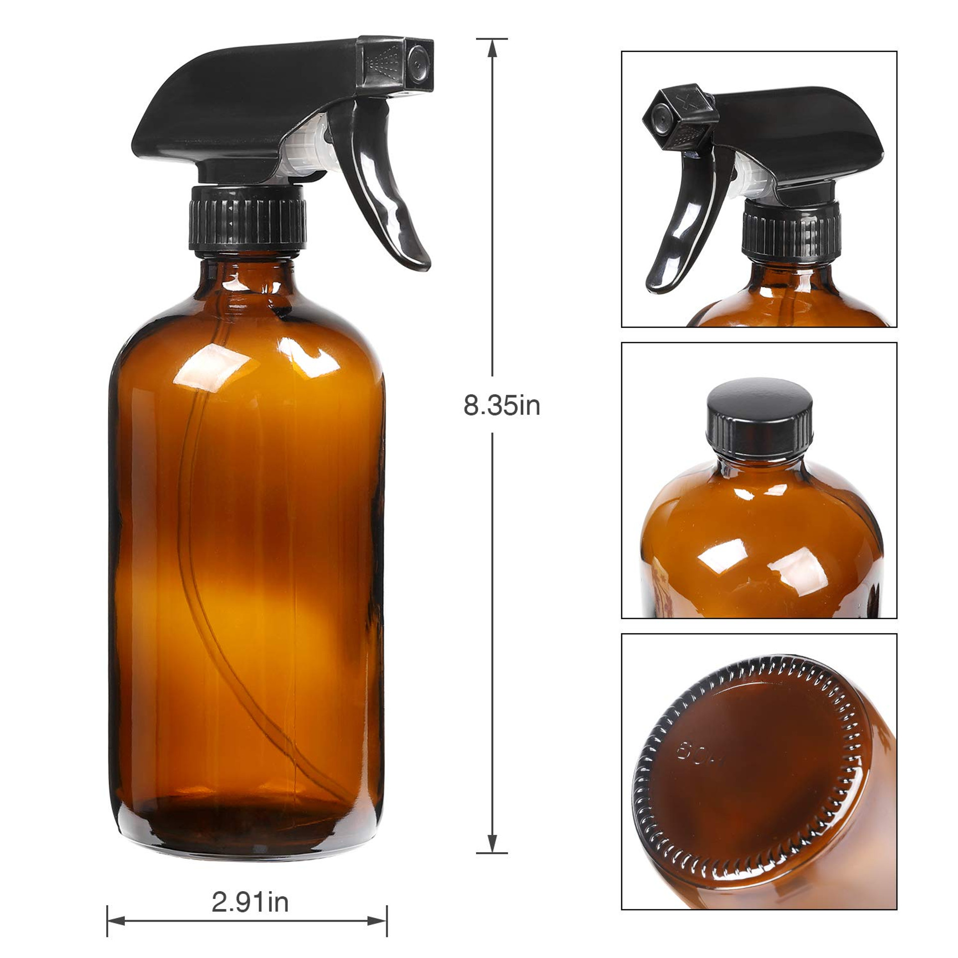 16oz (2 Pack) Empty AMBER Glass Spray Bottles with Poly Cone Caps & Labels