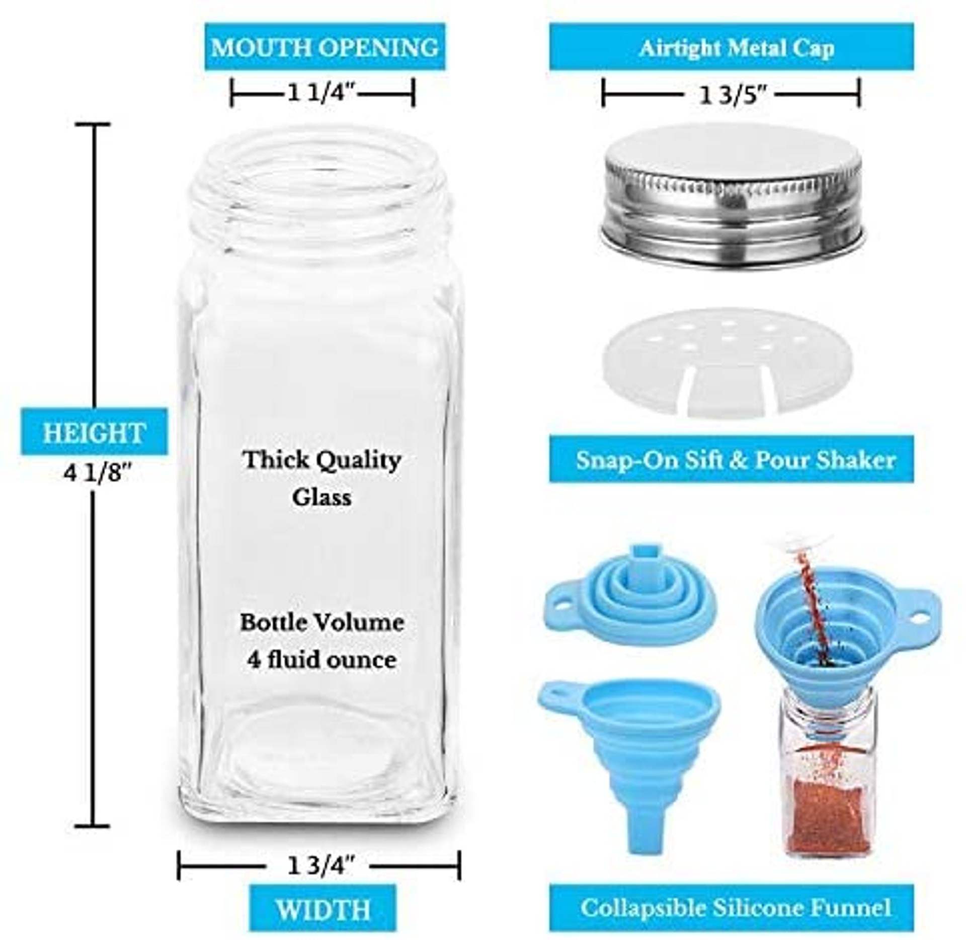 Set of 12 Square Glass Spice Jars with Shaker Tops, Chalkboard Labels