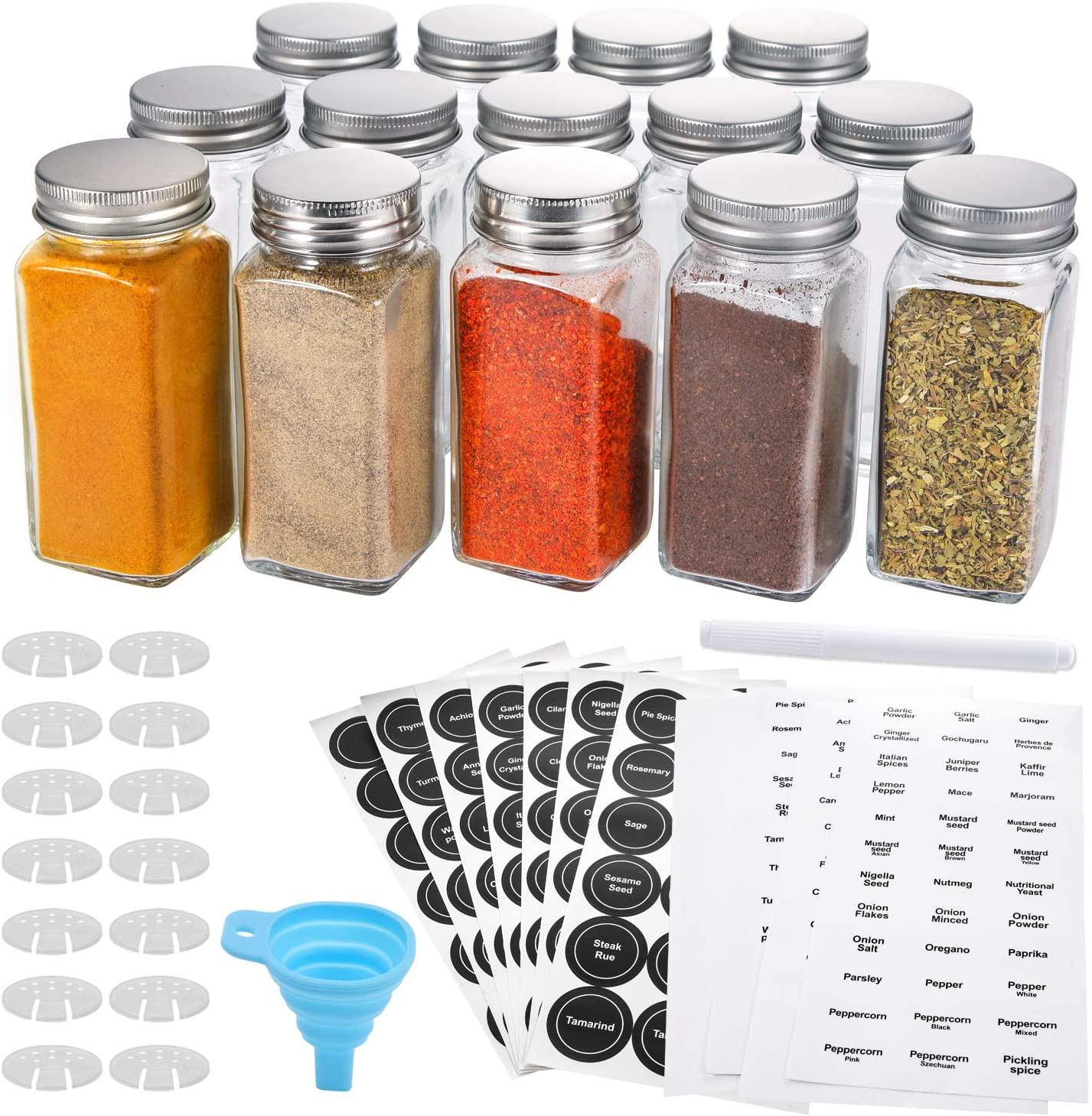 Premium Vials, 4oz, BEST VALUE 14 Glass Spice Jars includes preprinted Spice Labels. 14 Square