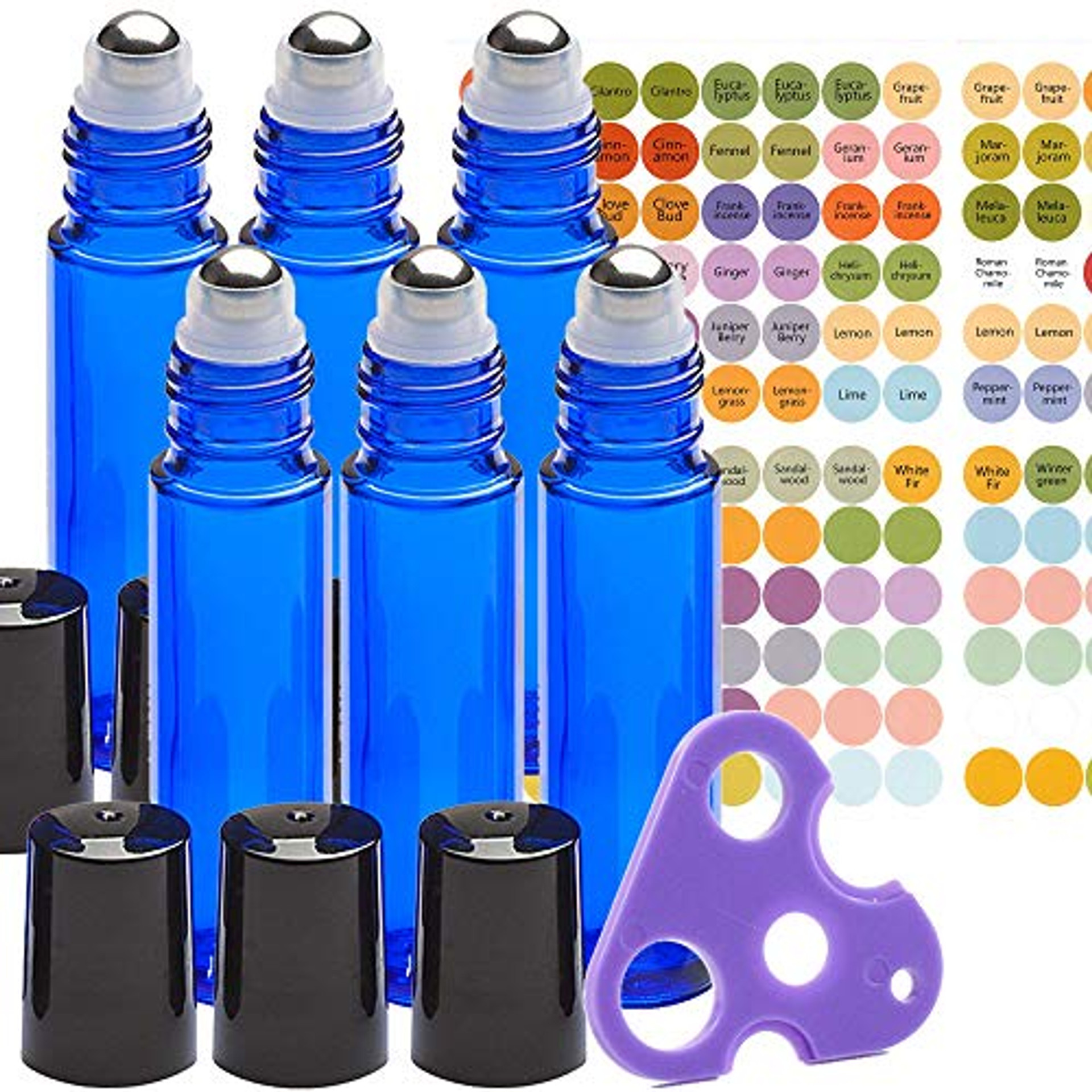 Ultimate Essential Oil Roller Bottles Set With Stainless Steel Balls, 6 Pack 10ml Dark Blue