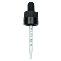 Black PP 18-DIN ribbed skirt child-resistant tamper-evident dropper with Calibrated Glass pipatte