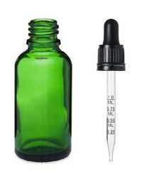 1 oz Green Euro Glass Bottle w/ 18-415 Black Tamper Evident Calibrated Dropper- Case of 110