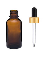 1 oz Amber Euro Glass Bottle w/ 18-415 Black- Matt Gold Dropper- Case of 110