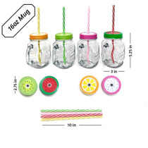 4 Pack x 16 oz Mason Jar Mugs with Handles, Lids, Reusable Straws with Fruit Patterned Stainless Steel Lids and Straws
