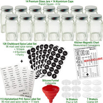14 Glass Spice Jars w/2 Types of Preprinted Spice Labels. Commercial Grade, Complete Set: 14 Square Empty Jars 4oz, Pour/Sift & Coarse Shakers, Airtight Cap, Chalkboard & Clear Labels