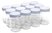 12 Ounce Glass Regular Mouth Mason Canning Jars - With White Safety Button Lids - Case of 12