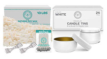 10-lb. Soy Wax Flakes with 8-oz. White Tin Cans, 24-Pack Bundle | with Pre-Waxed Wicks and Centering Devices | Candle Making Kit for DIY Enthusiasts, Creative Hobby for Adults