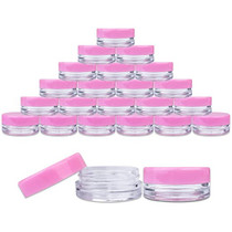 50 New, 3 Gram Plastic Pot Jars, High Quality, Empty, Clear, Cosmetic Containers, With PINK Lids. (J3GPL)