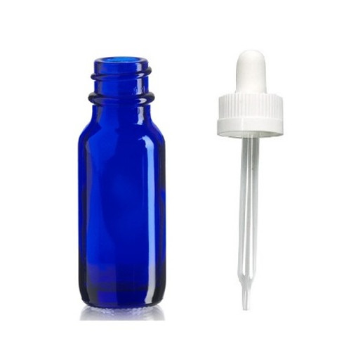 ($0.99 ea. Pk 45) 1/2 oz (15ml) Cobalt BLUE Boston Round Glass Bottle w/ White Child Resistant ...