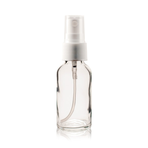 1 oz (30ml) CLEAR Boston Round Glass Bottle - w/White Fine Mist Sprayer 1 oz (30ml) CLEAR Boston Round Glass Bottle - w/White Fine Mist Sprayer