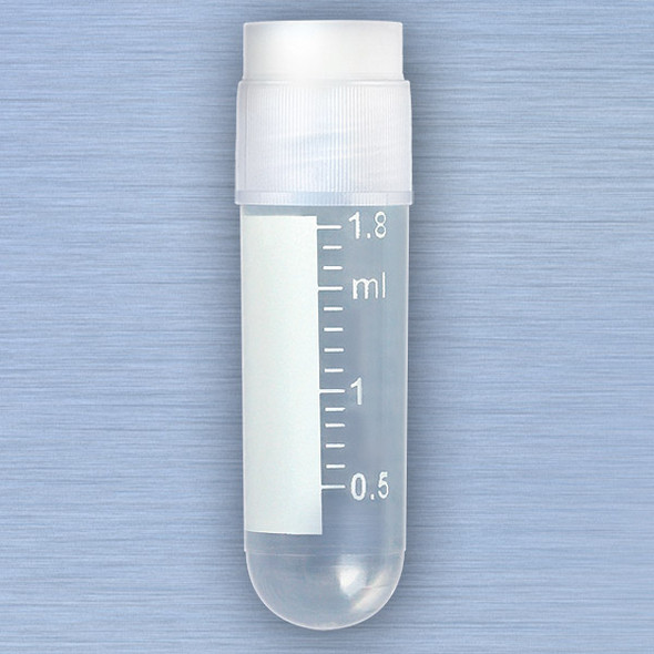 CryoCLEAR vials, 2.0mL, STERILE, External Threads, Attached Screwcap with Co-Molded Thermoplastic Elastomer (TPE) Sealing Layer, Round Bottom, Printed Graduations, Writing Space and Barcode, 50/Bag, 10 Bags/Case