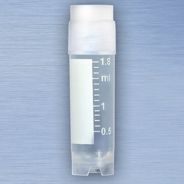 CryoCLEAR vials, 2.0mL, STERILE, External Threads, Attached Screwcap with Co-Molded Thermoplastic Elastomer (TPE) Sealing Layer, Round Bottom, Self-Standing, Printed Graduations, Writing Space and Barcode, 50/Bag, 10 Bags/Case