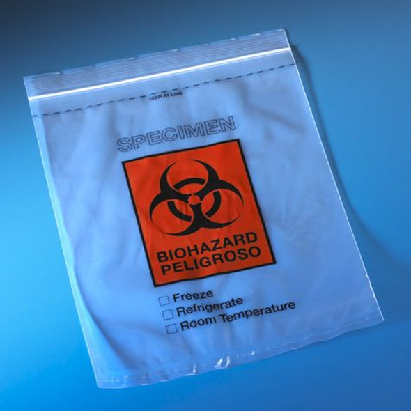 Bag, Biohazard Specimen Transport, 12" x 15", Ziplock with Document Pouch, Tearzone, 500/Pack, 2 Packs/Unit