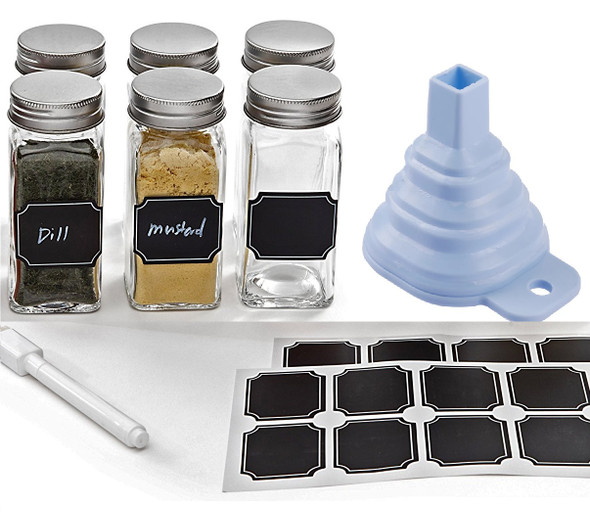 Set of 6 - 4 oz, Square Glass Spice Jars with Shaker Tops, Chalkboard Labels & Pen, Funnel and Airtight Silver Metal Lids