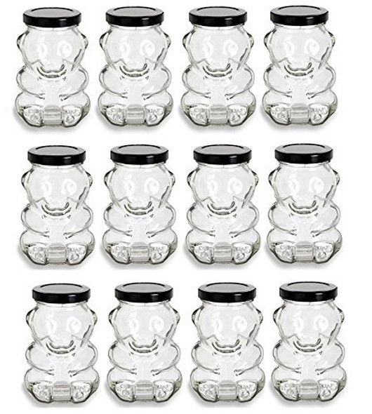 9 Ounce, Glass Bear Jar - For Honey, Jam, Favors - Case of 12 (With Black Lids)
