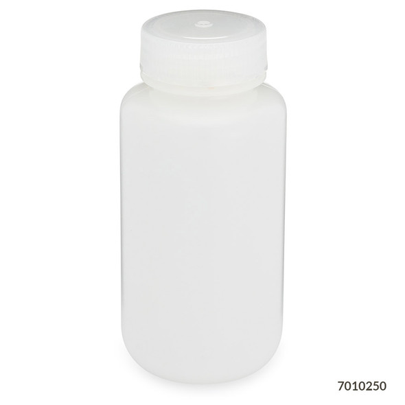 Bottle, Wide Mouth, HDPE Bottle, Attached PP Screw Cap, 250mL, 12/Pack