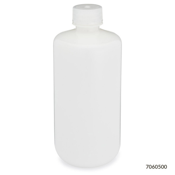 Bottle, Narrow Mouth, HDPE Bottle, Attached PP Screw Cap, 500mL, 12/Pack