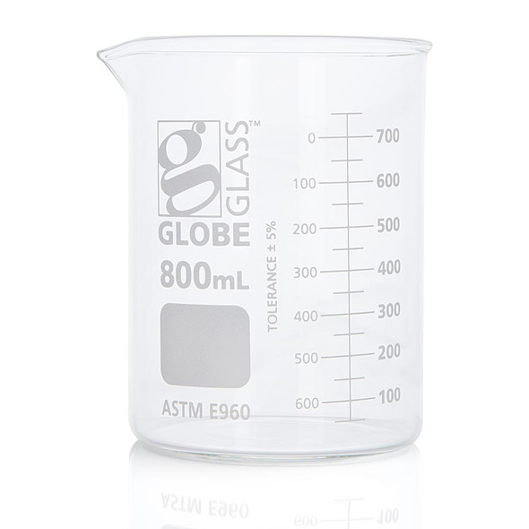 Beaker, Globe Glass, 800mL, Low Form Griffin Style, Dual Graduations, ASTM E960, 6/Box