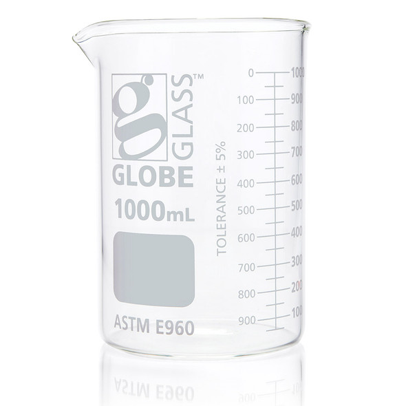 Beaker, Globe Glass, 1000mL, Low Form Griffin Style, Dual Graduations, ASTM E960, 6/Box