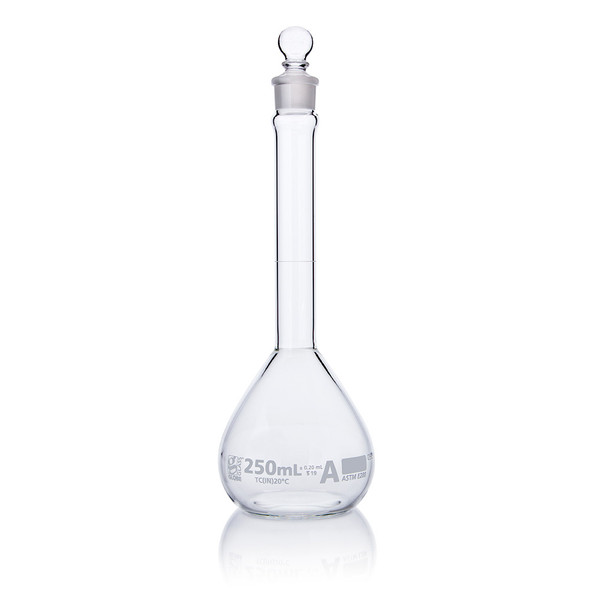 Flask, Volumetric,  Wide Mouth, Globe Glass, 250mL, Class A, To Contain (TC), ASTM E288, 6/Box