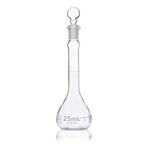 Flask, Volumetric , Globe Glass, 25mL, Class B, To Contain (TC), ASTME288, 6/Box