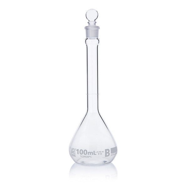 Flask, Volumetric , Globe Glass, 100mL, Class B, To Contain (TC), ASTME288, 6/Box