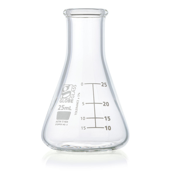 Flask, Erlenmeyer, Globe Glass, 25mL, Narrow Mouth, Dual Graduations, ASTM E1404, 12/Box