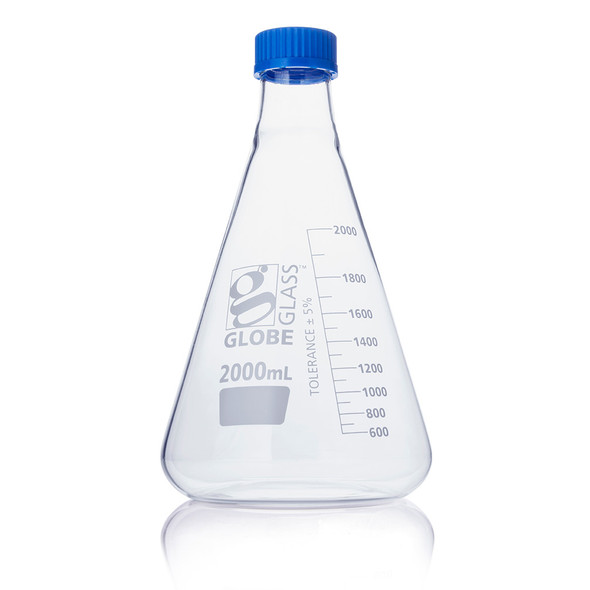 Flask, Erlenmeyer, Globe Glass, 2000mL, Screw Cap, Dual Graduations, ASTM E1404, 1/Box