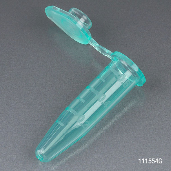 Microcentrifuge Tube, 0.5mL, PP, Attached Snap Cap, Graduated, Green, Certified: Rnase, Dnase and Pyrogen Free, 500/Stand Up Zip Lock Bag