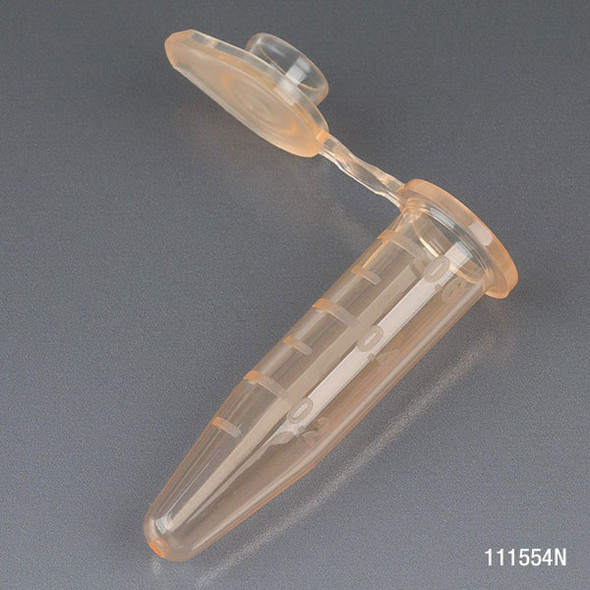 Microcentrifuge Tube, 0.5mL, PP, Attached Snap Cap, Graduated, Orange, Certified: Rnase, Dnase and Pyrogen Free, 500/Stand Up Zip Lock Bag