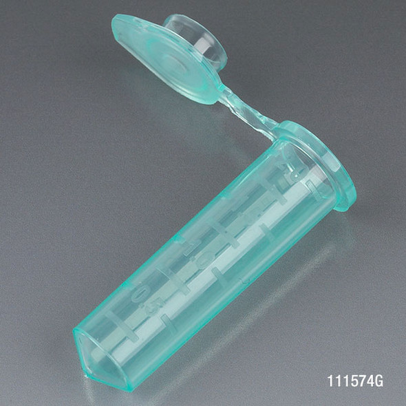 Microcentrifuge Tube, 2.0mL, PP, Attached Snap Cap, Graduated, Green, Certified: Rnase, Dnase and Pyrogen Free, 500/Stand Up Zip Lock Bag