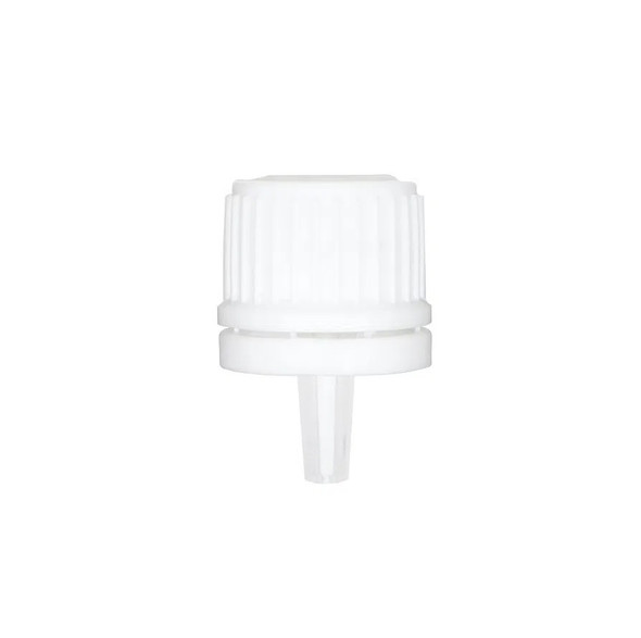 White PP 18 mm tamper-evident dropper cap with inverted dropper tip with (0.9 mm orifice) - Bag of 330