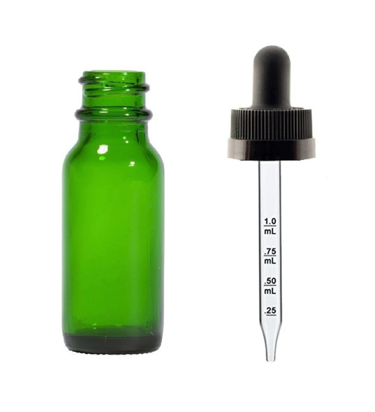 1/2 oz (15ml) GREEN Glass Bottle w/ Black Child Resistant Calibrated Dropper
