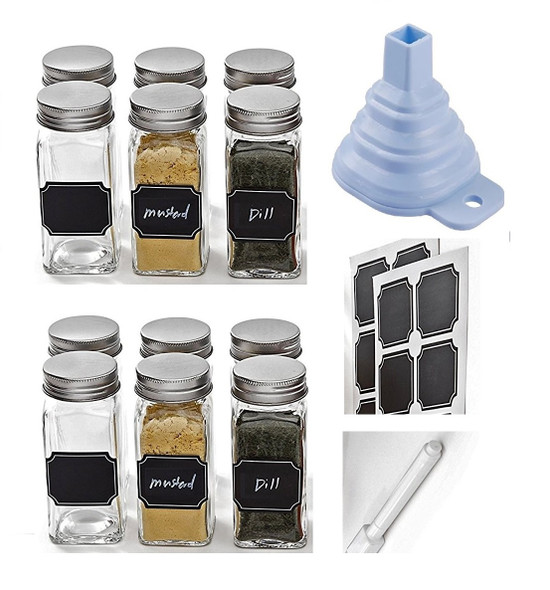 et of 12 - Square Glass Spice Jars with Shaker Tops, Chalkboard Labels & Pen, Funnel and Airtight Silver Metal Lids, 4 Ounce Capacity